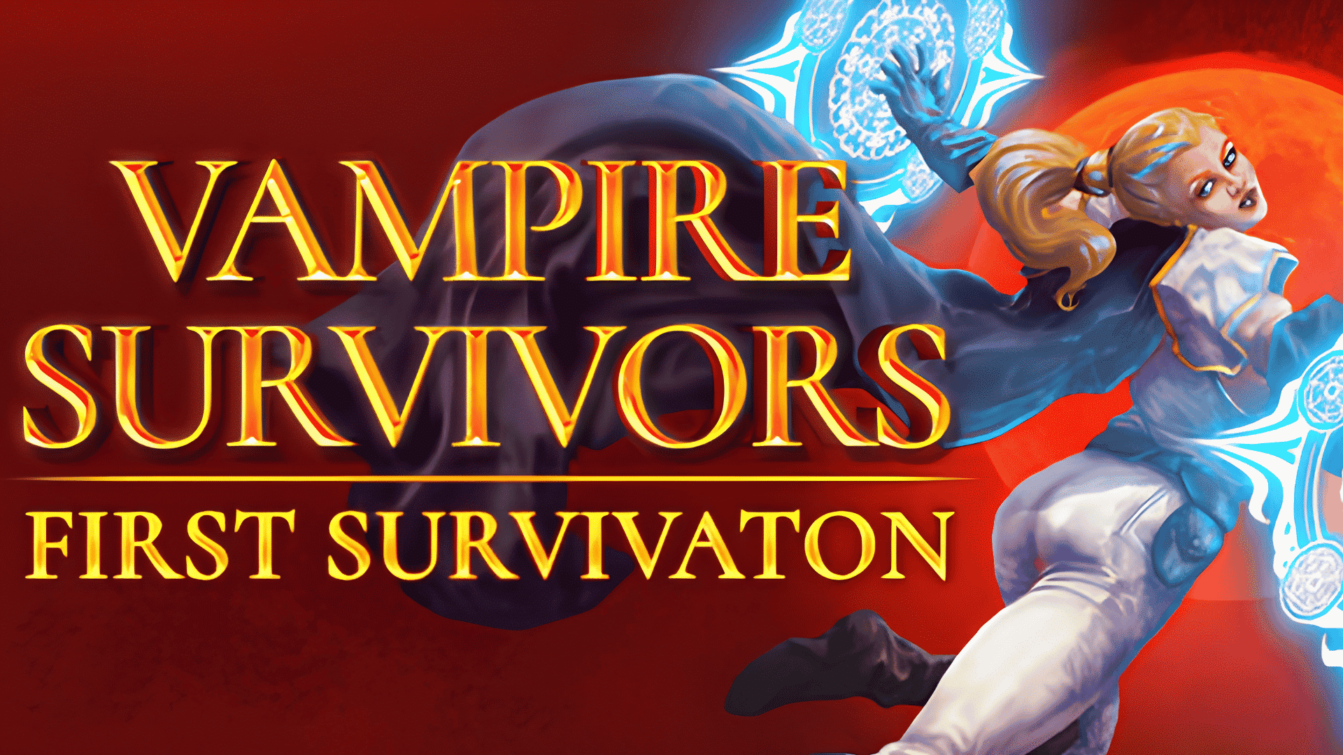Vampire Survivors: First Survivation logo with fantasy character artwork and dark red background