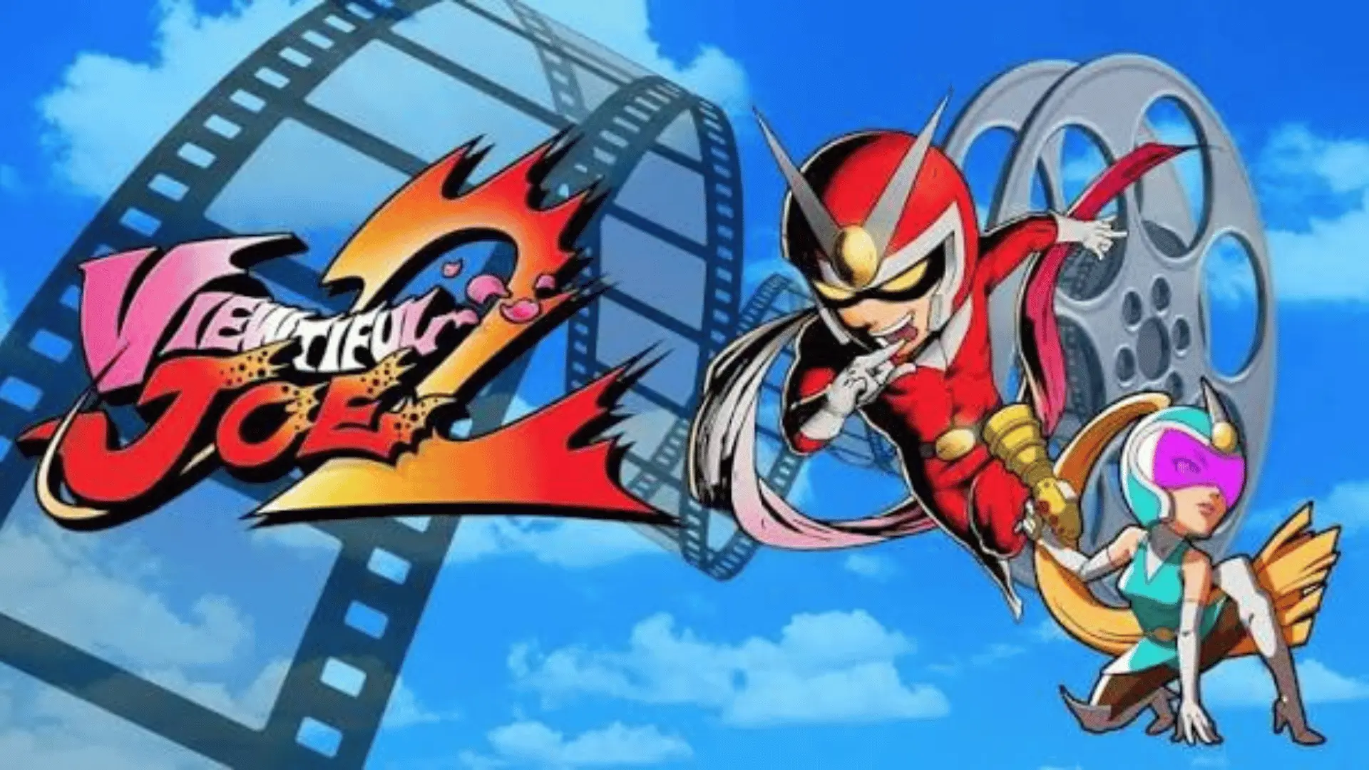 Viewtiful Joe 2 artwork featuring Viewtiful Joe and Sexy Silvia with a film reel against a blue sky