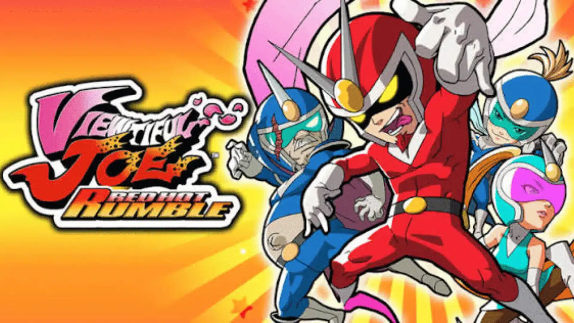 Viewtiful Joe: Red Hot Rumble artwork featuring Viewtiful Joe and teammates in dynamic superhero poses