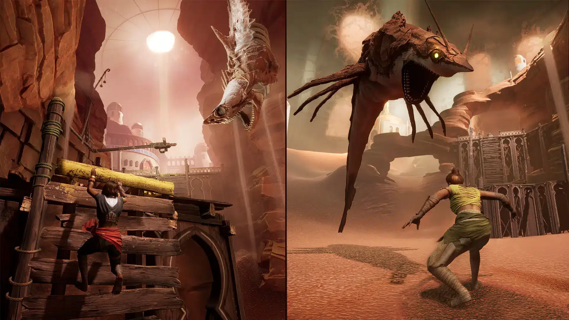 Split-screen of futuristic industrial arena with detailed lighting and textures, showing performance variations.