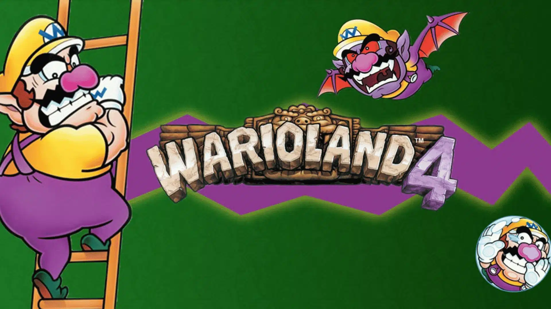 Wario climbs a ladder beside the Wario Land 4 logo, with a bat-transformed Wario and a rolling ball form on a green background.