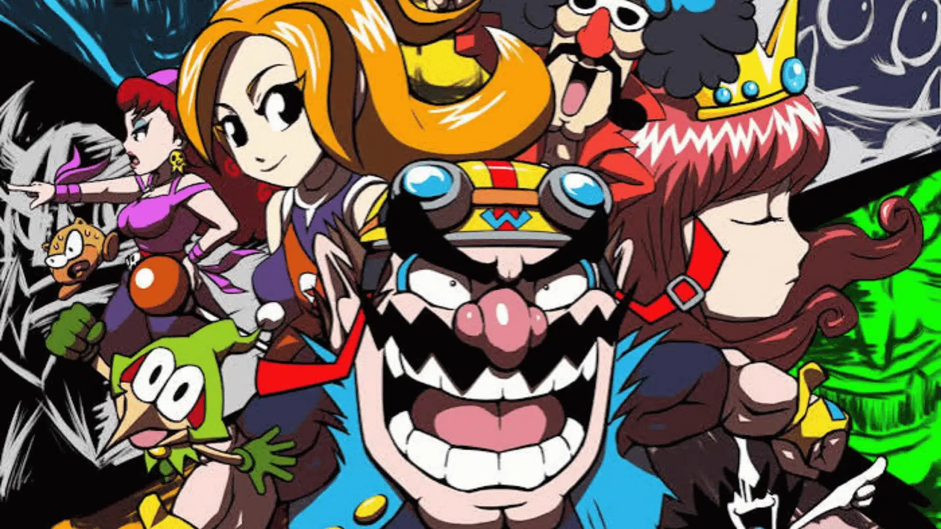 Wario grins maniacally at center surrounded by a colorful cast of eccentric characters in WarioWare's comic-style cover art.