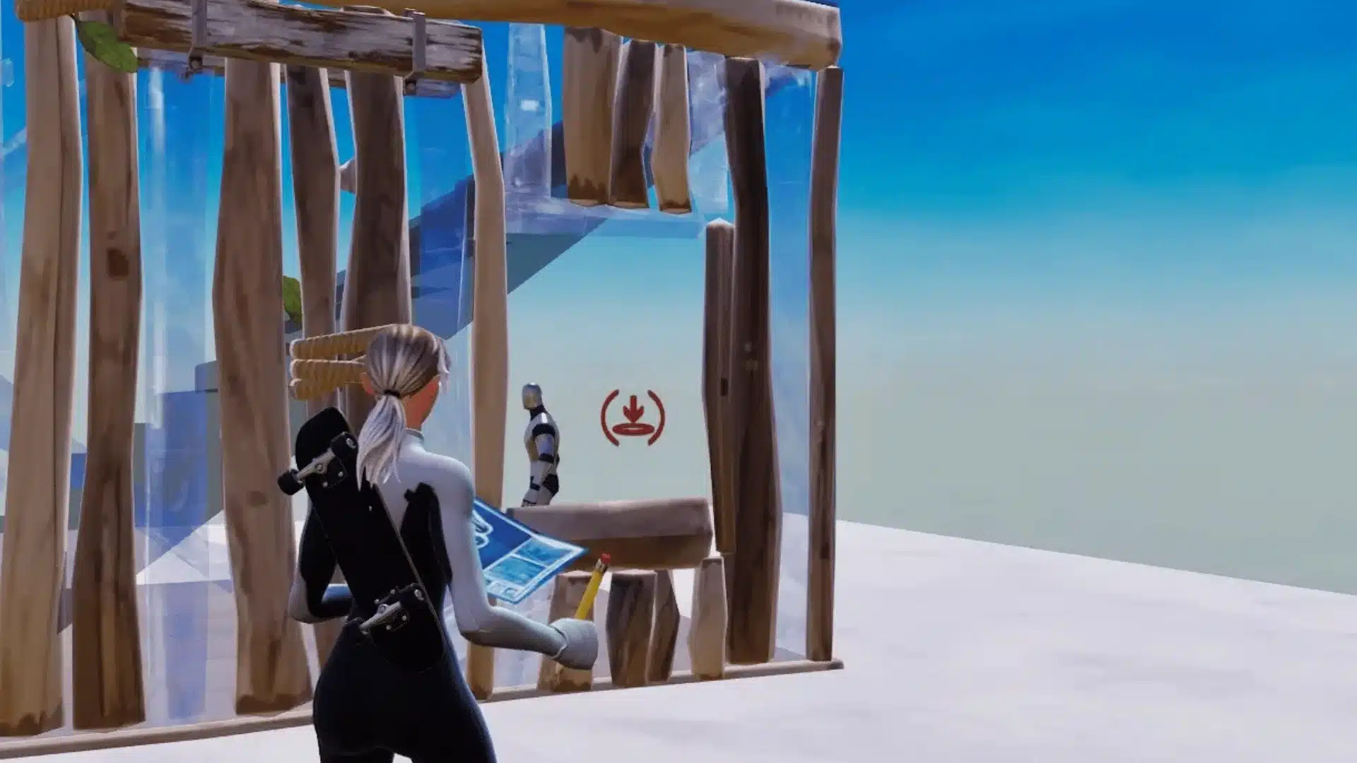 Fortnite player practicing building edits with wooden structures in a creative training area.