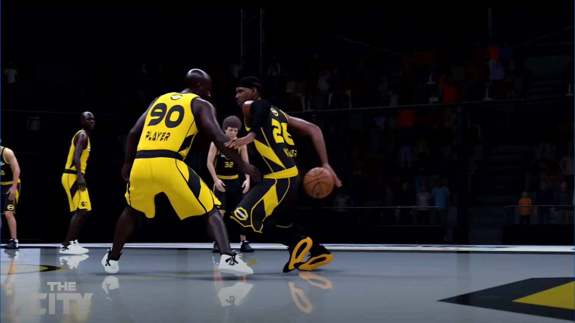 Basketball video game scene with two players in black and yellow uniforms, one dribbling while guarded on an indoor court