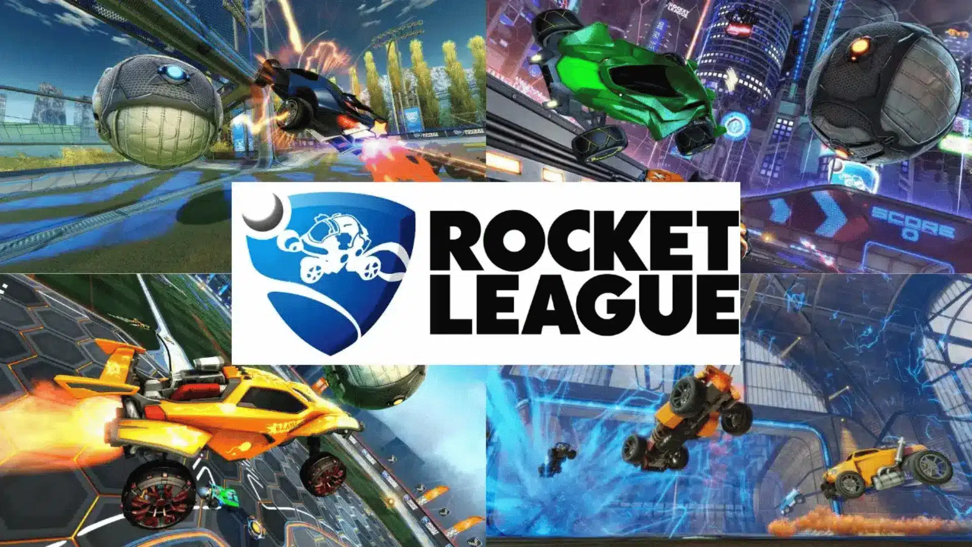 Rocket League gameplay montage showing cars flying, boosting, and hitting a ball in different arenas, with the Rocket League logo centered in the middle.