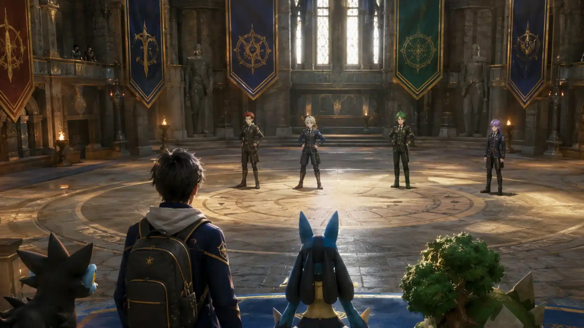 Trainer preparing for four fixed Academy Ace Tournament battles inside the school arena
