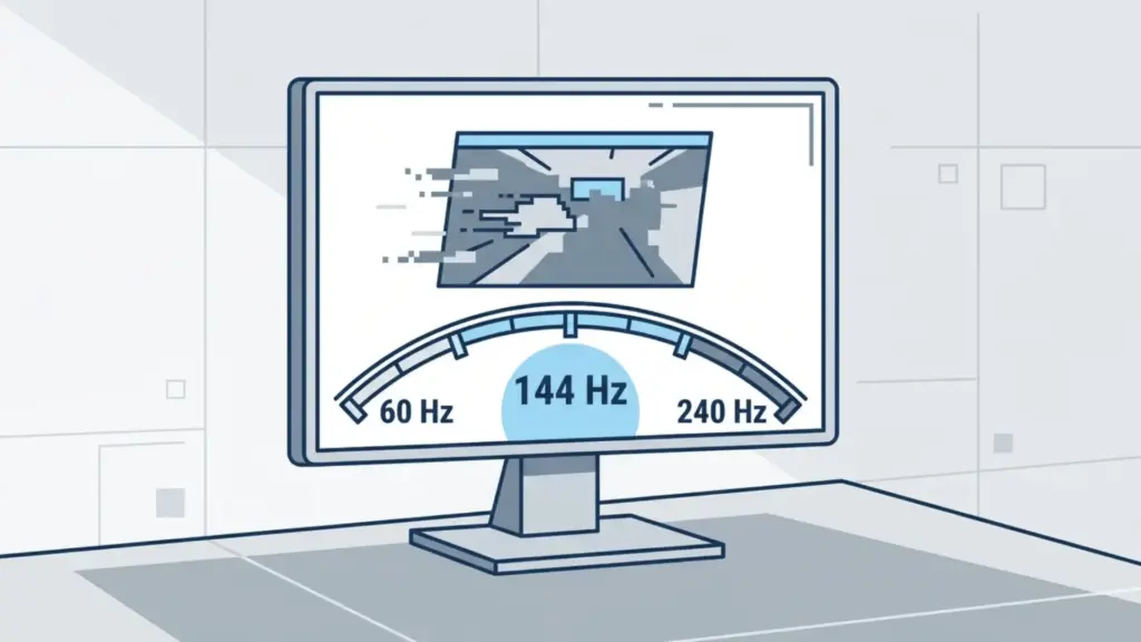 Vector illustration of a gaming monitor with an arc scale beneath showing 60 Hz, 144 Hz, and 240 Hz with 144 Hz highlighted