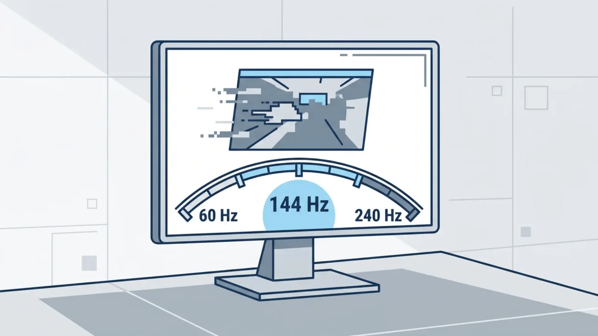 Vector illustration of a gaming monitor with an arc scale beneath showing 60 Hz, 144 Hz, and 240 Hz with 144 Hz highlighted