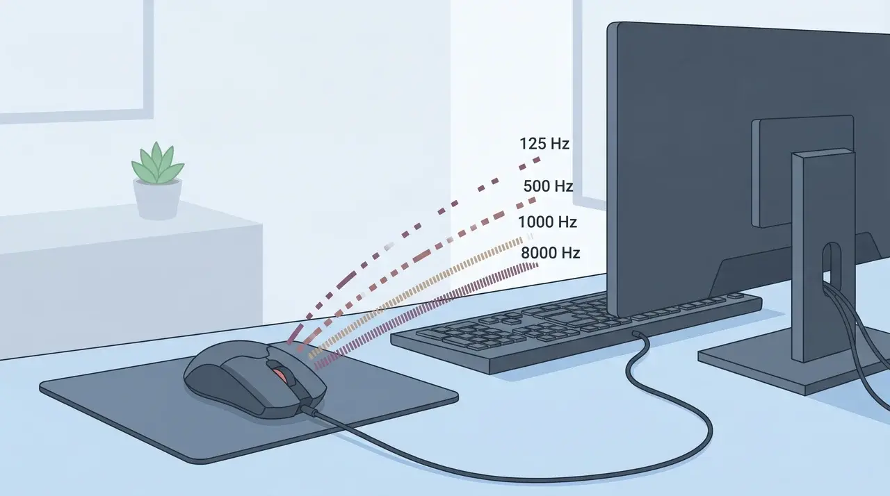 Gaming mouse connected to a computer with visual representation of multiple polling rate levels