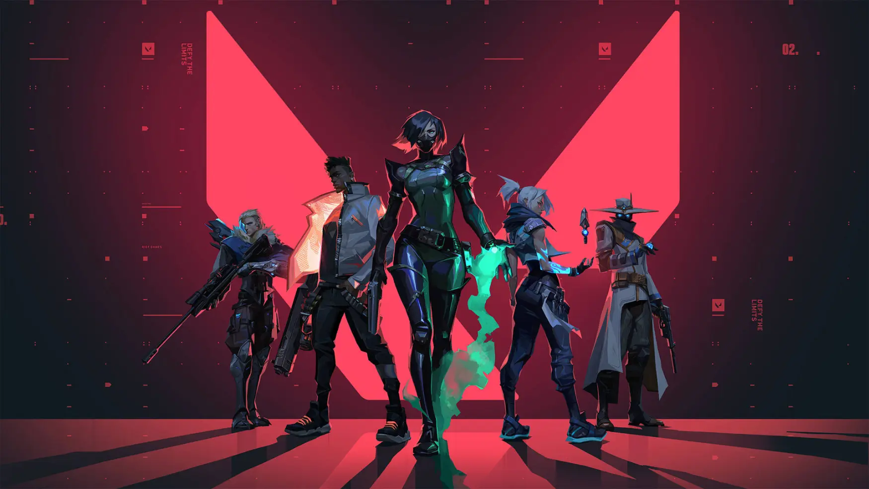 Official Valorant artwork featuring Sova, Phoenix, Viper, Jett, and Cypher standing against a red game logo.