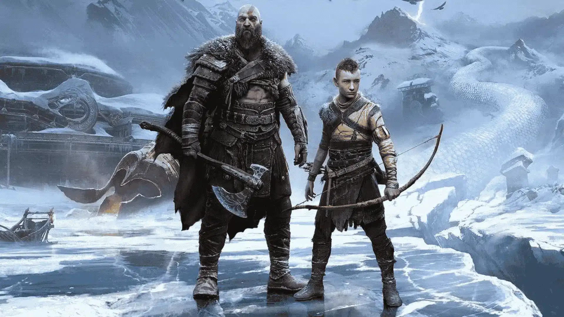 Kratos and Atreus stand on icy terrain with weapons ready, set against a snowy mountainous backdrop.