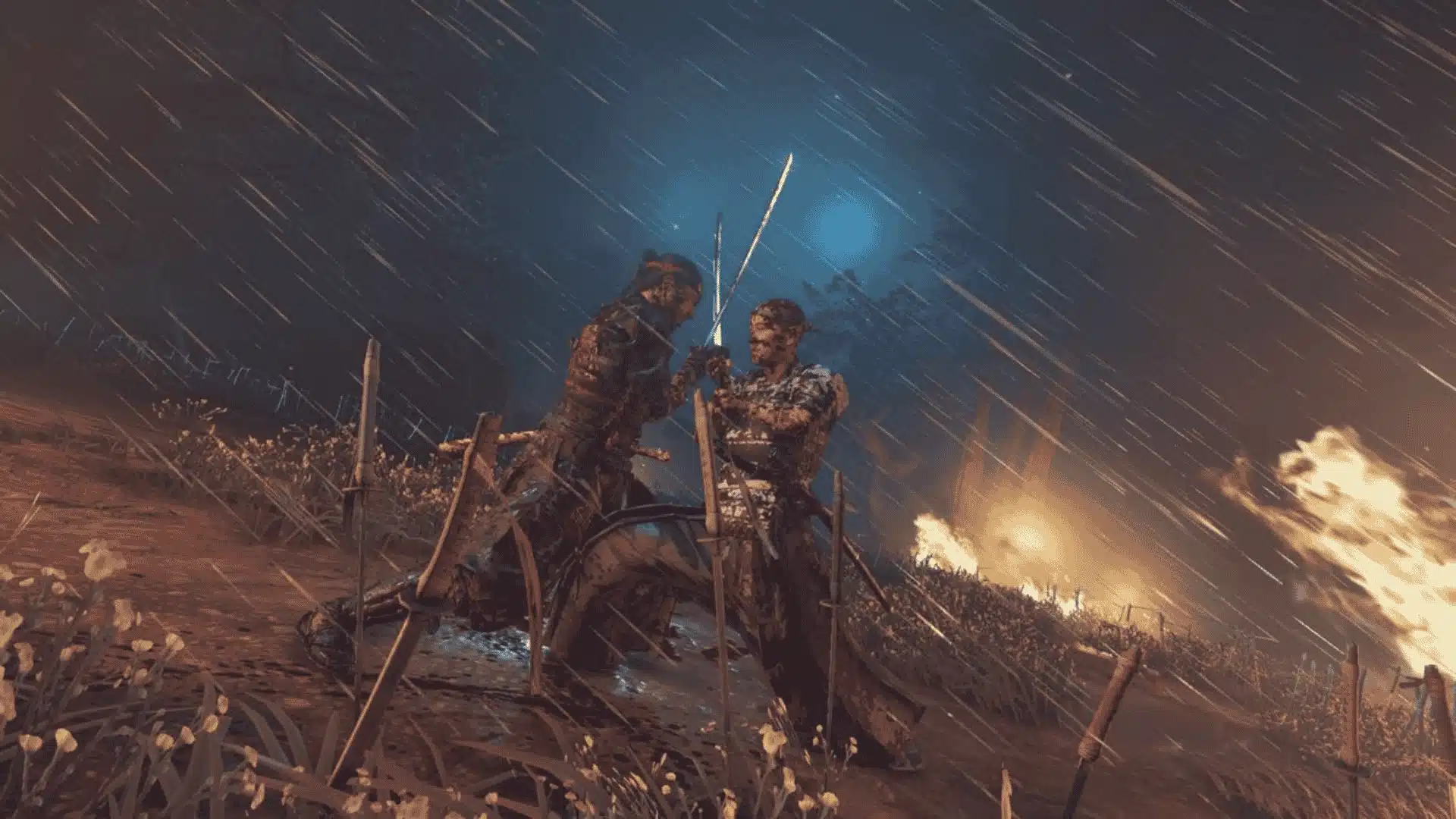 Jin Sakai duels an armored enemy in autumn, showcasing stances, parries, and cinematic samurai combat.