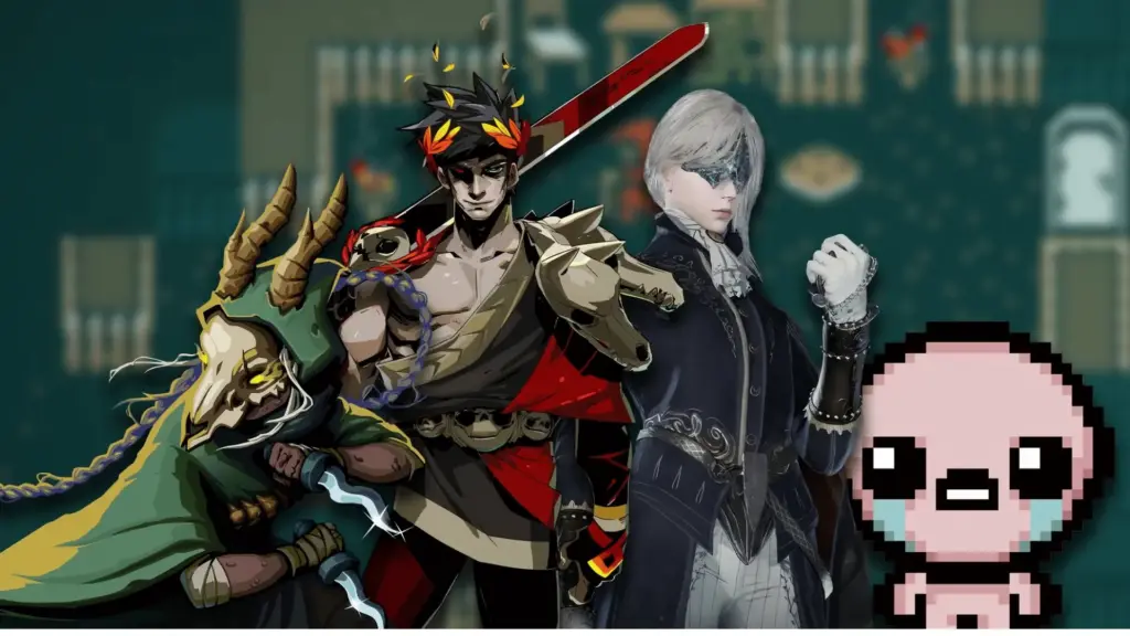 Collage of roguelike game characters including Hades, Risk of Rain survivor, and more in a stylized background