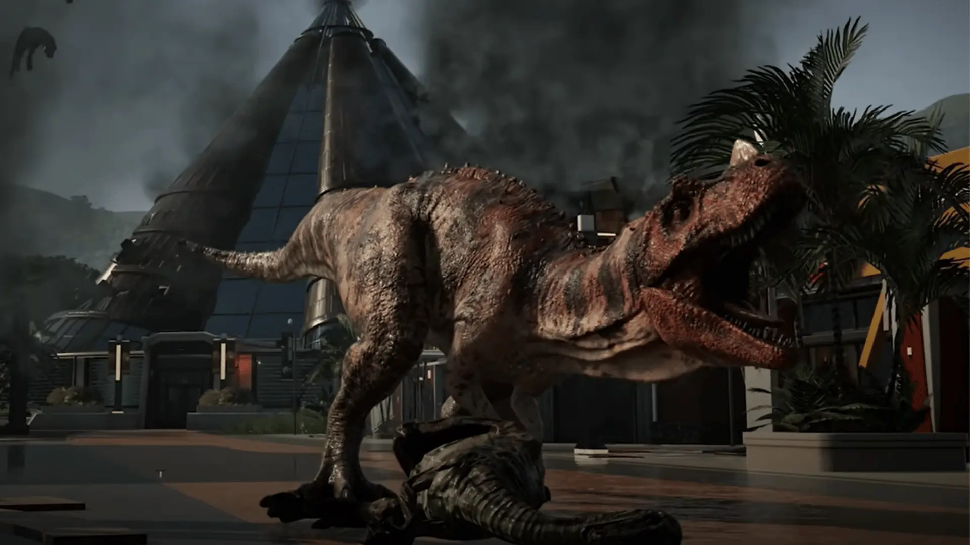 Tyrannosaurus rex roaming through the main visitor area of Jurass