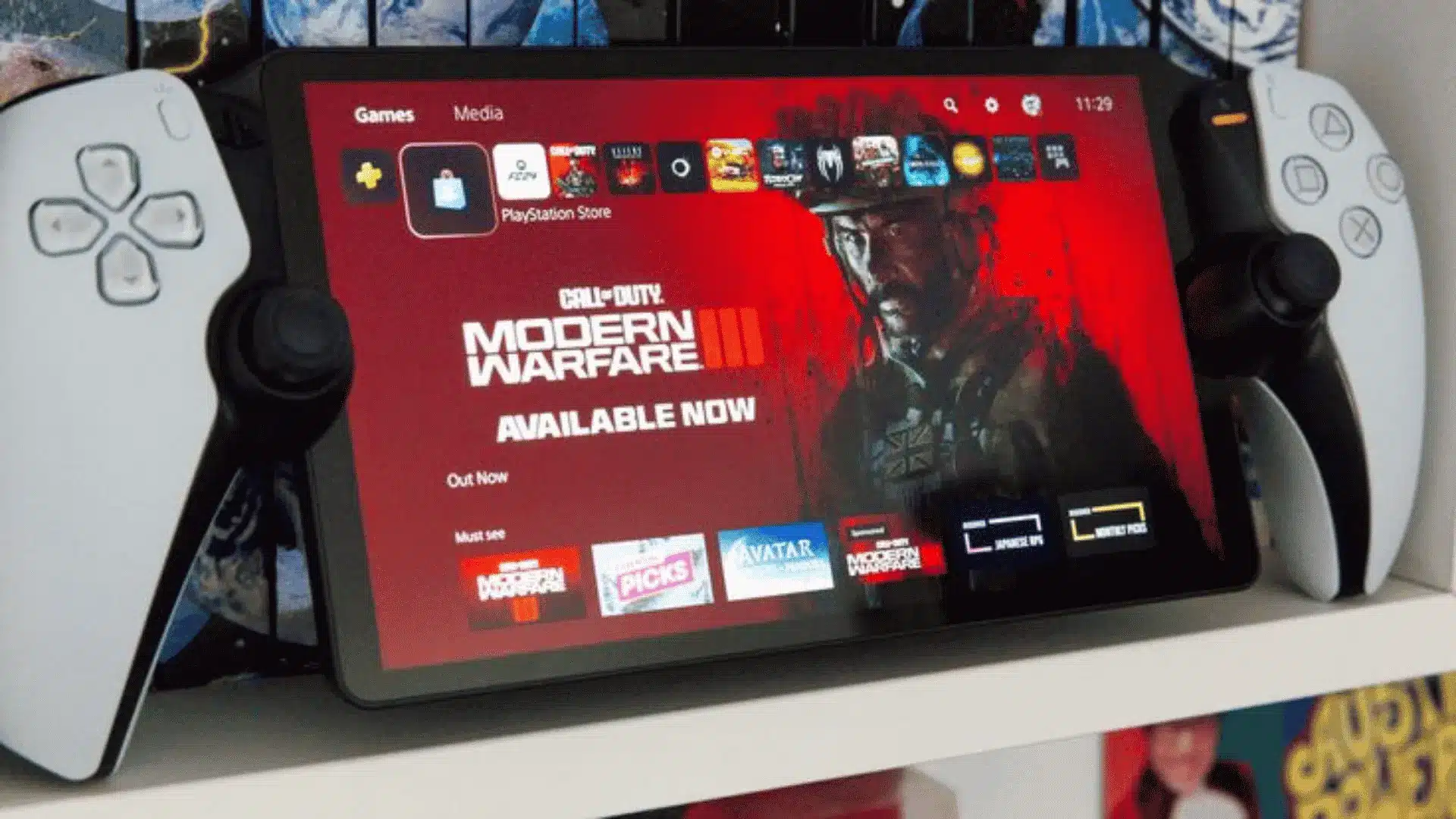 PlayStation Portal propped on a shelf showing the PS5 home screen with Call of Duty Modern Warfare III featured on display.