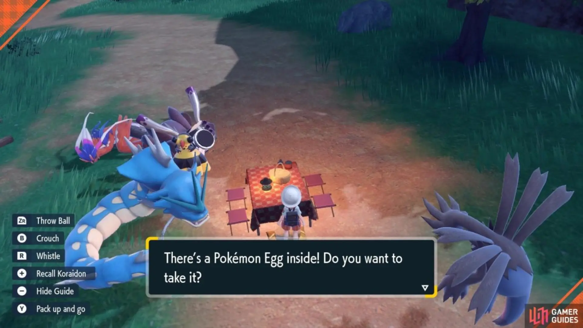 Player standing before a picnic table with a Pokémon Egg prompt and multiple Pokémon around.