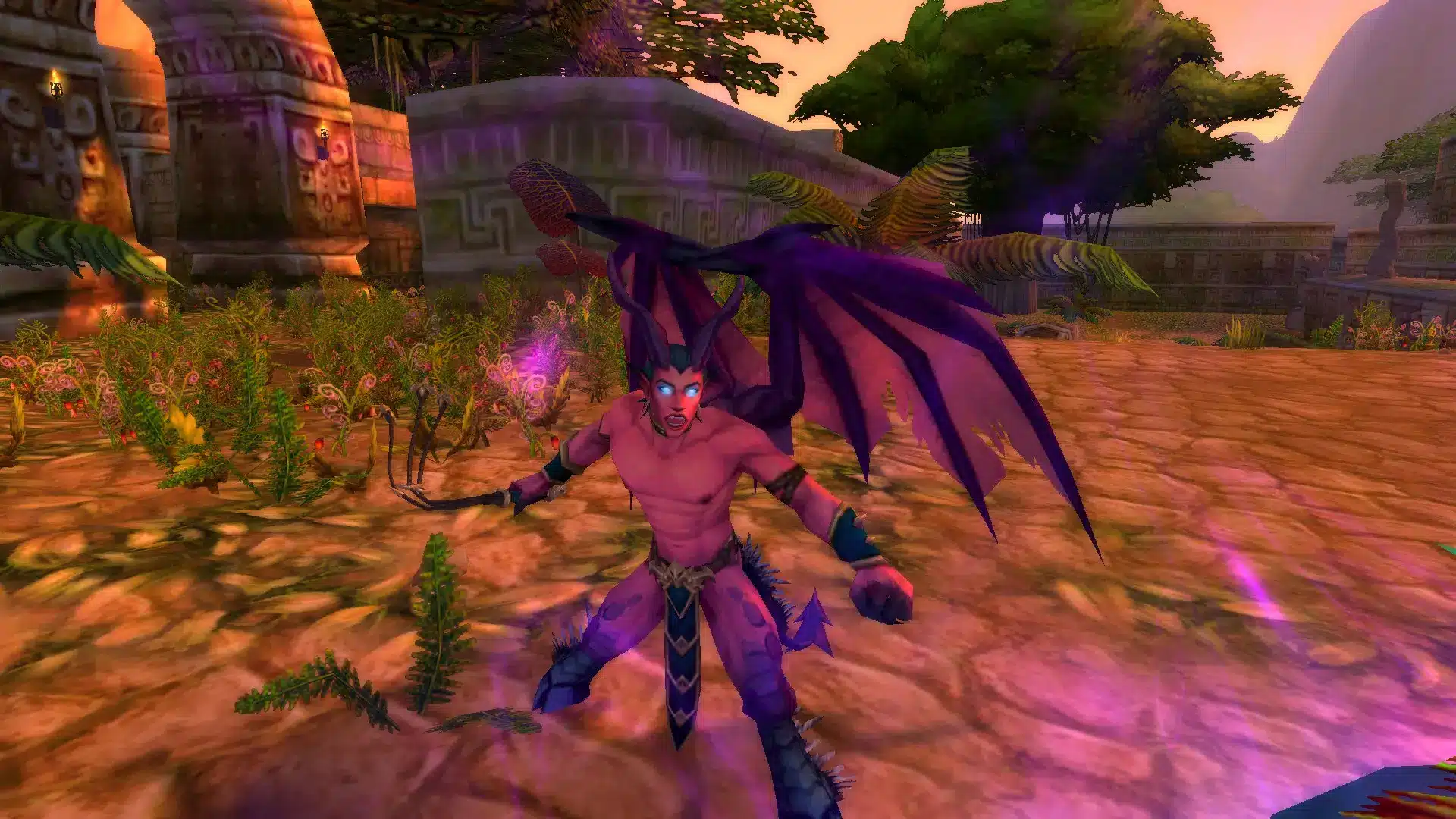 fantasy game character with purple succubus demon companion in combat stance
