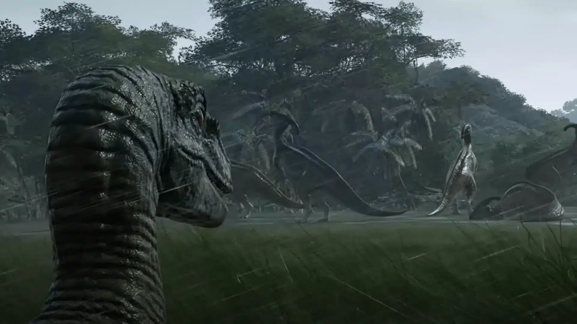 A raptor in the foreground watching a herd of Parasaurolophus dinosaurs in a rainy, tropical landscape.