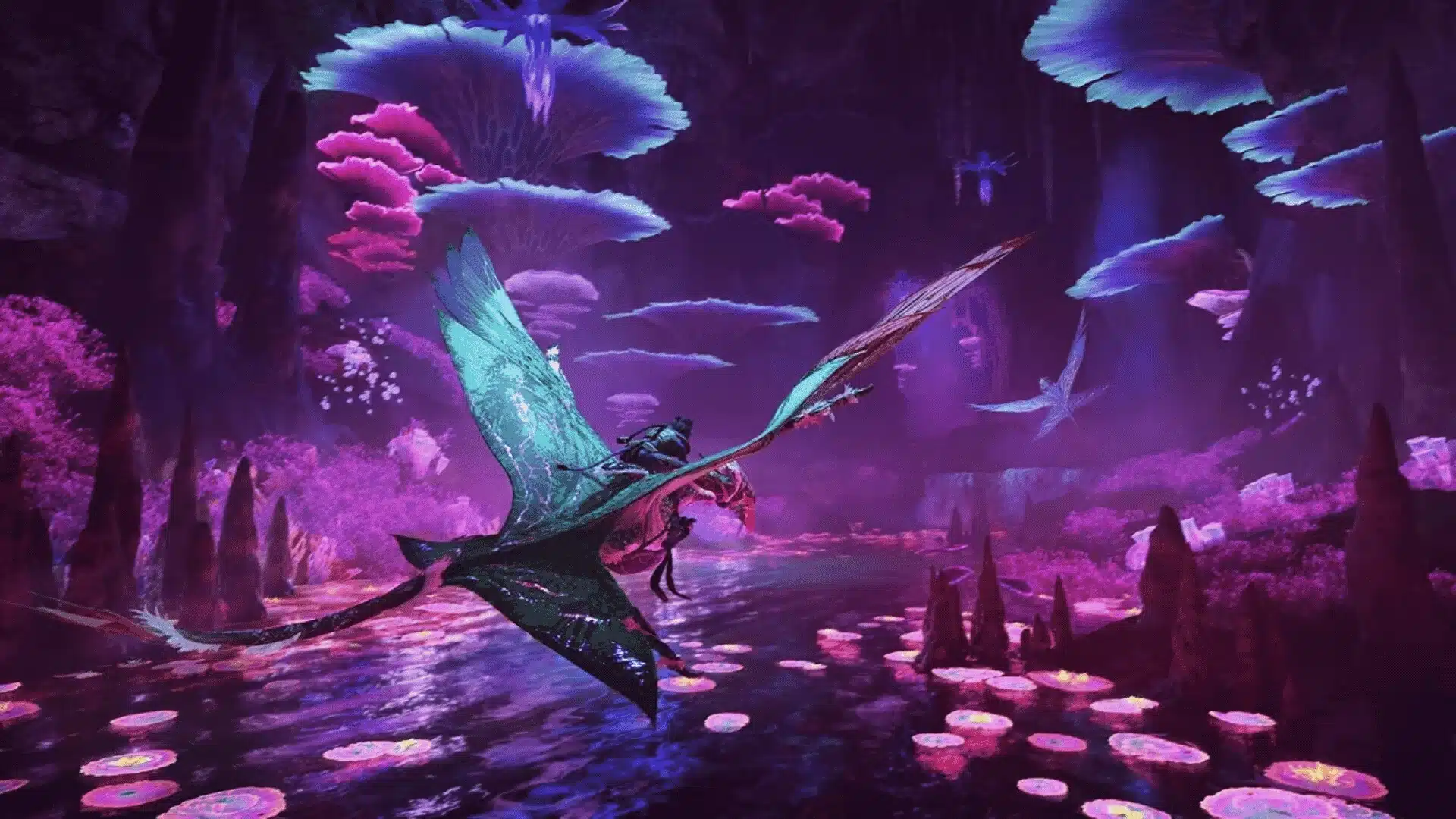 Na’vi interacting with giant creatures in vibrant environment, showing DLC content.