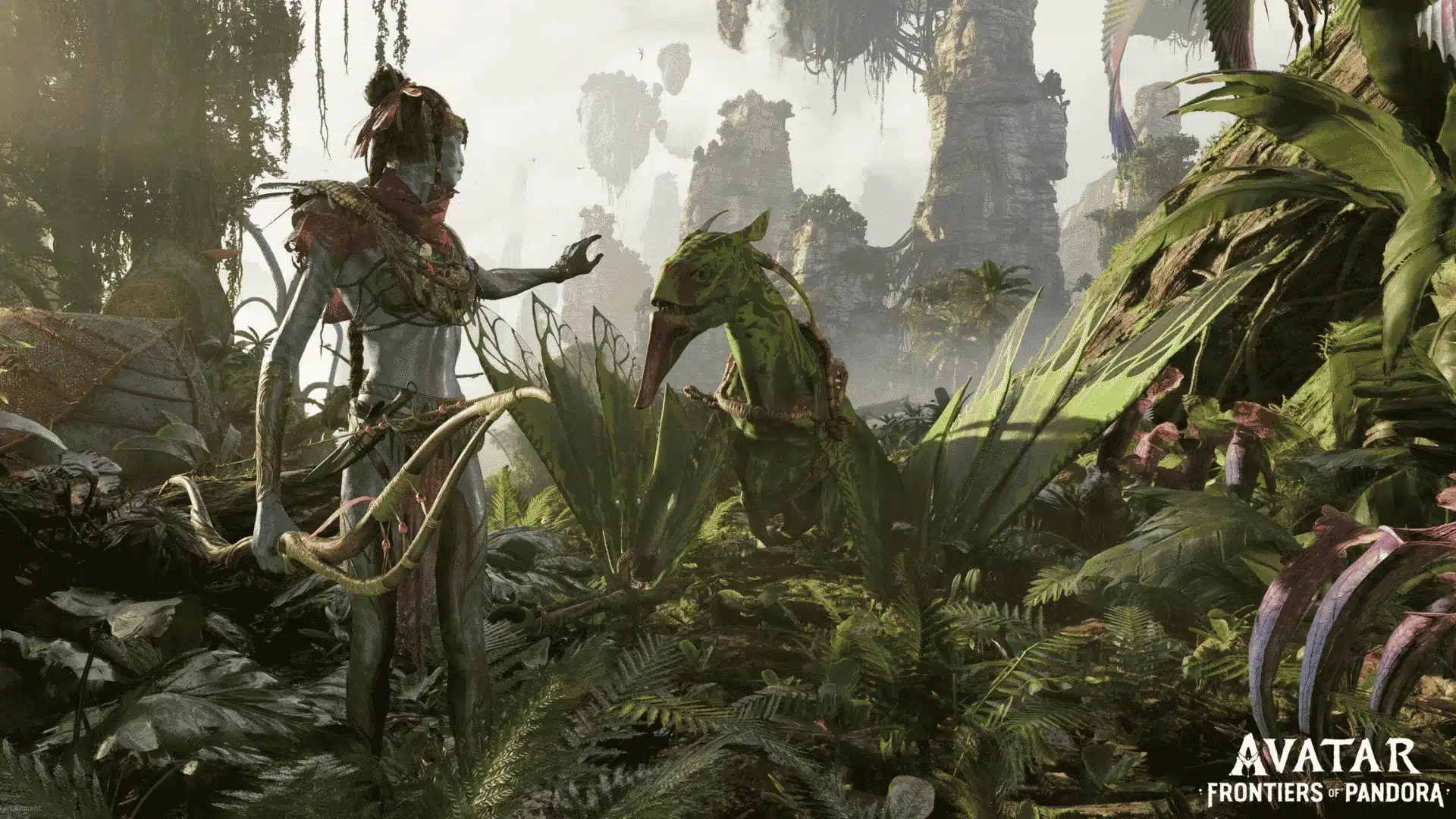 Na’vi standing with creature in lush Pandoran jungle, showcasing exploration.