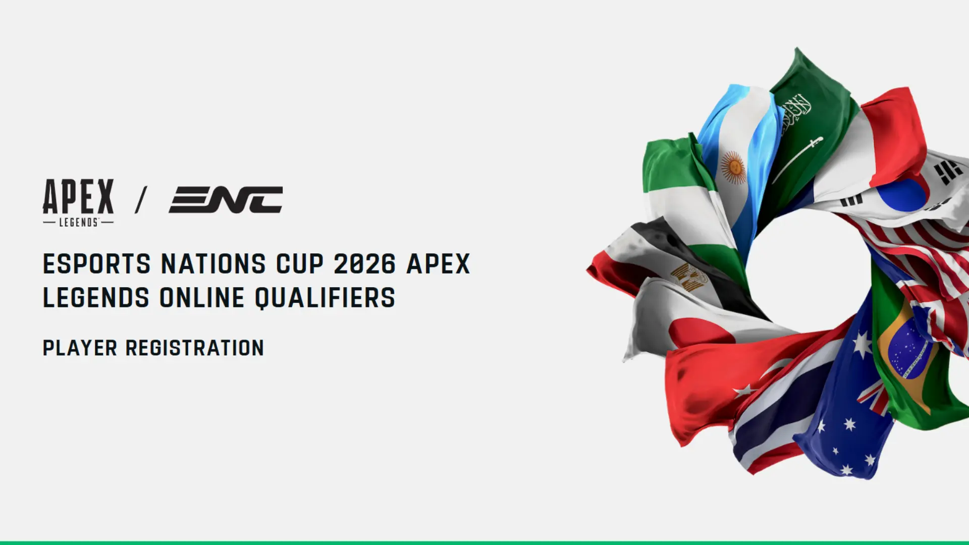 Esports Nations Cup 2026 Apex Legends qualifiers registration banner with game logos and multiple national flags.