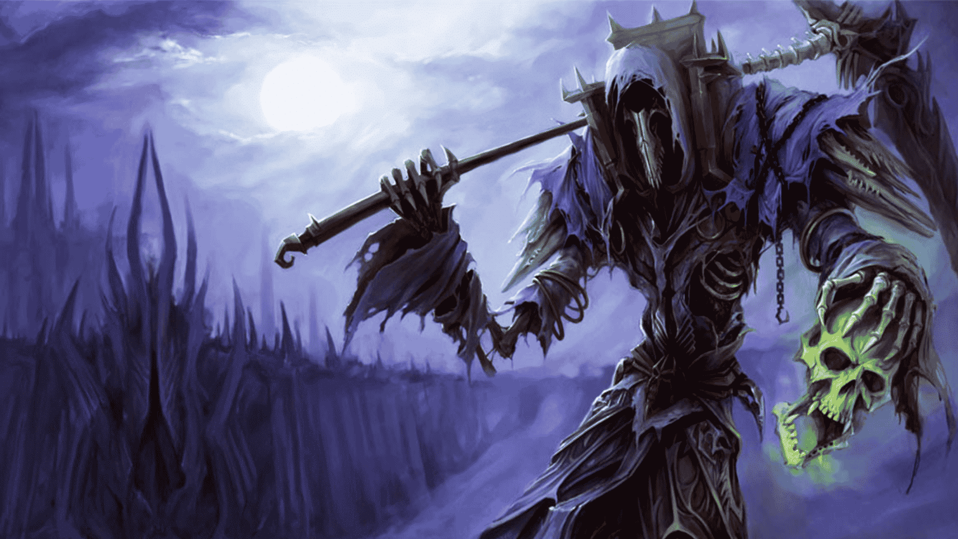 Dark fantasy warlock holding a green skull in a moonlit WoW Classic inspired landscape.