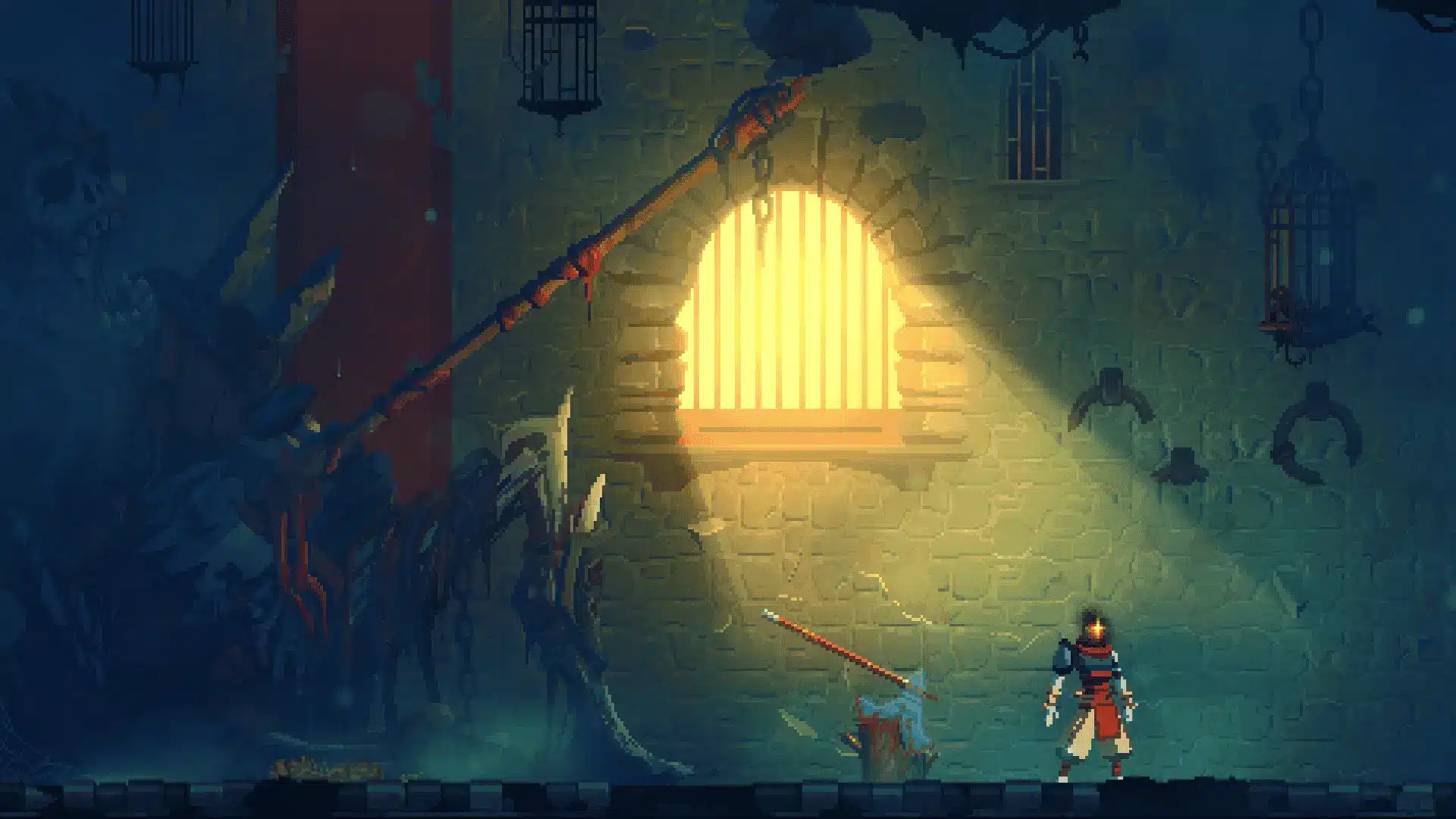 Dead Cells game showing the main character standing in a dimly lit dungeon under a beam of light.