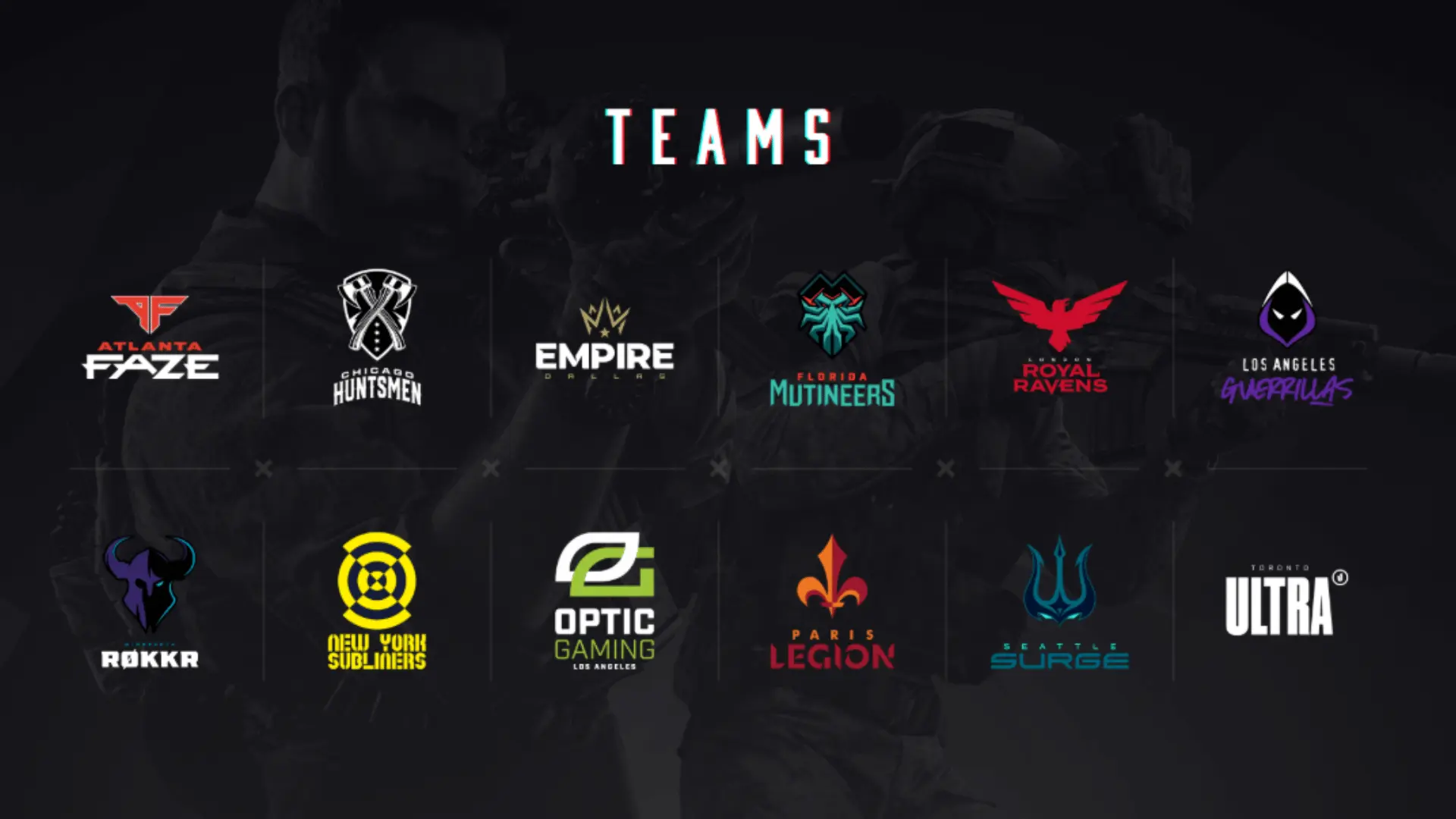 A graphic displaying twelve team logos from the Call of Duty League under a central "TEAMS" heading.