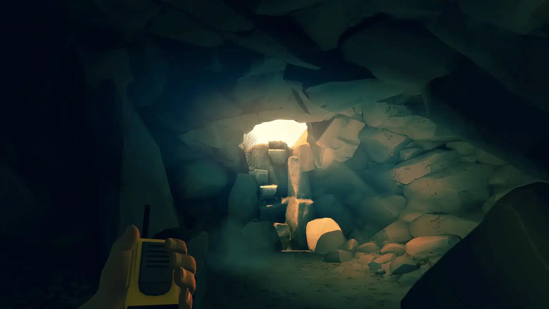 Firewatch gameplay inside a dark cave, a tense, atmospheric moment.