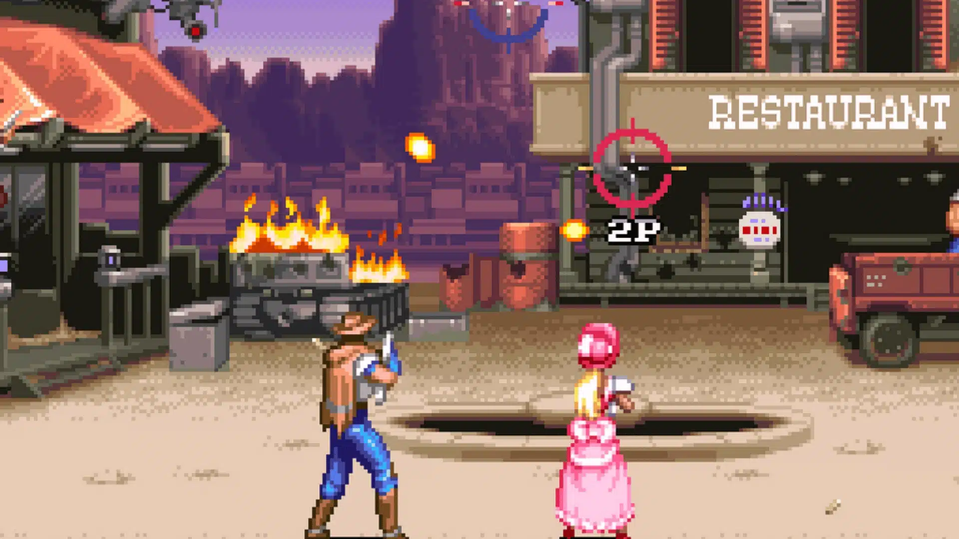 Wild Guns SNES two-player gallery shooter with cowboys in western town