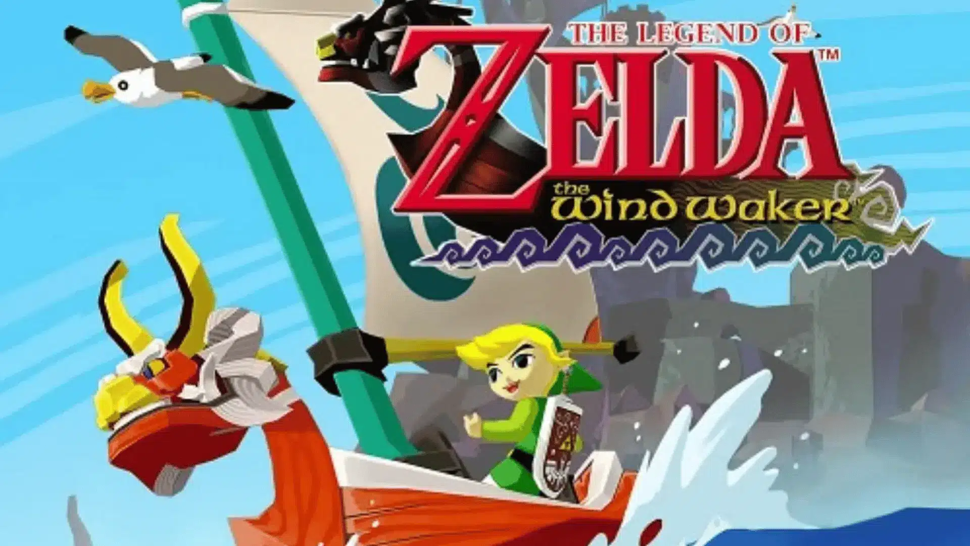 Promotional artwork for The Legend of Zelda: The Wind Waker, showing Link sailing on a boat across stylized ocean waves with seagulls flying overhead and the game’s logo prominently displayed.