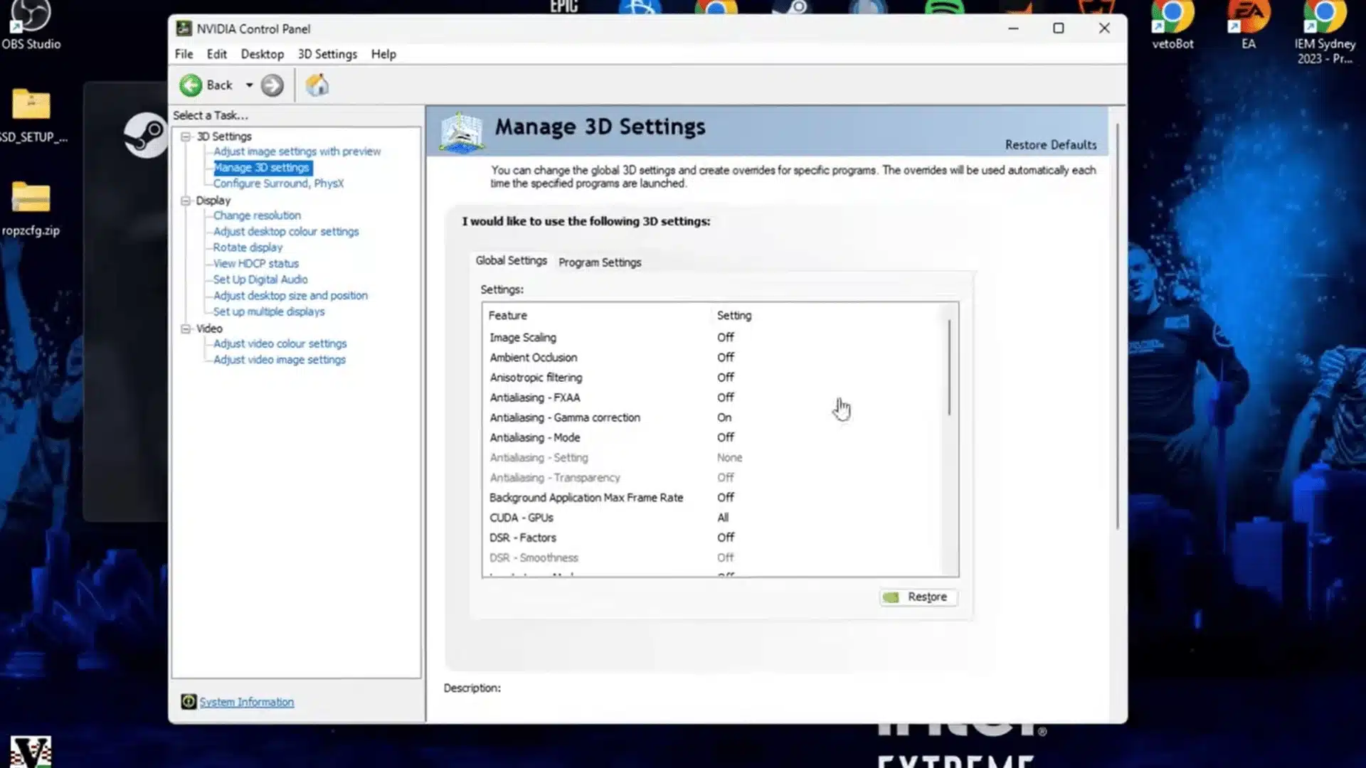 NVIDIA Control Panel settings optimized for gaming performance
