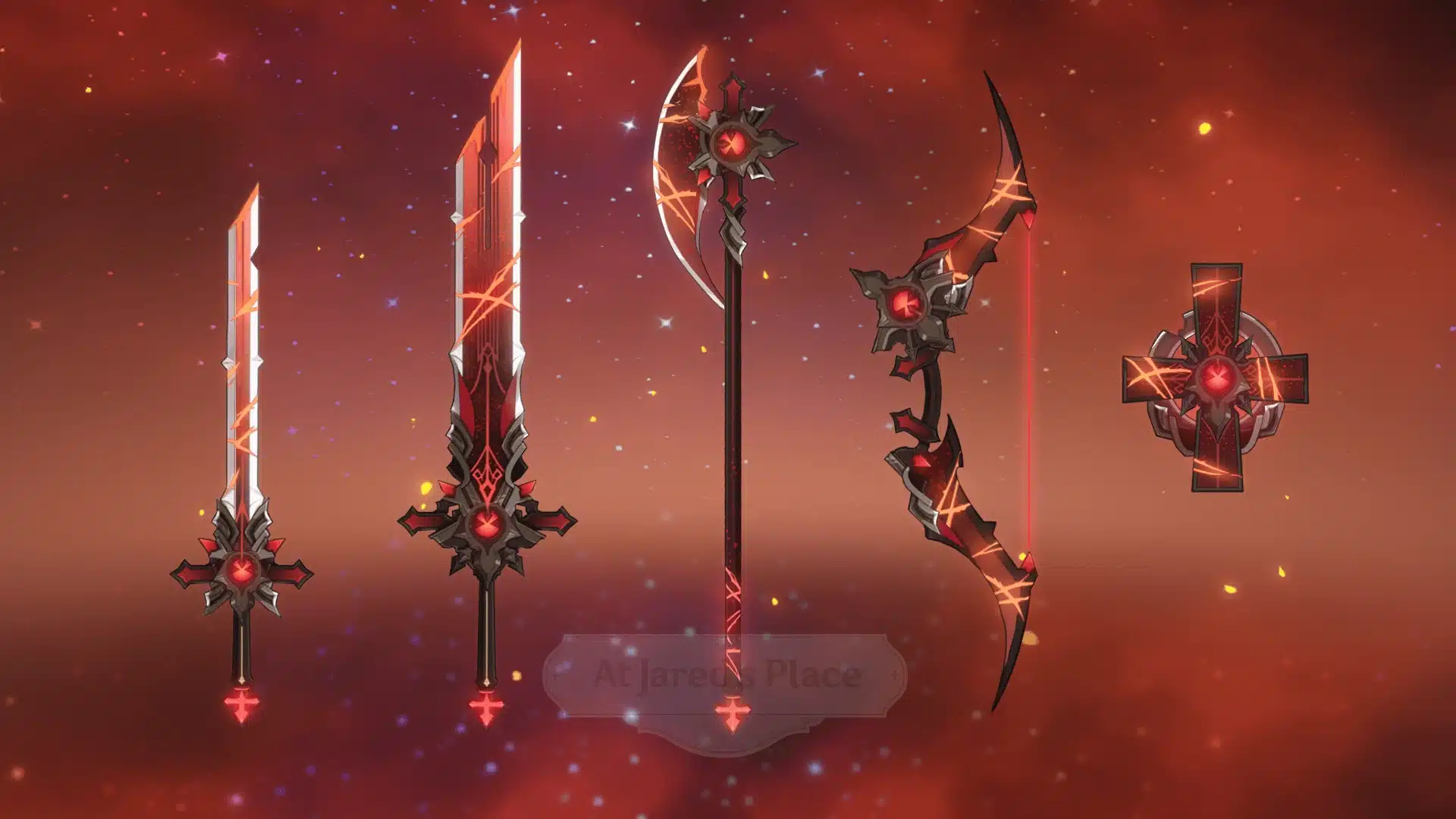 Five red-and-black Genshin Impact weapons, including swords, a polearm, bow, and catalyst, on a fiery background.