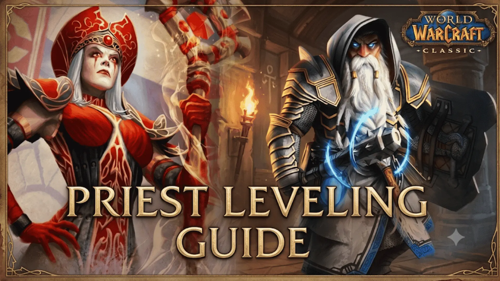 WoW Classic Priest leveling guide image showing an Undead and a Dwarf priest with gold text.
