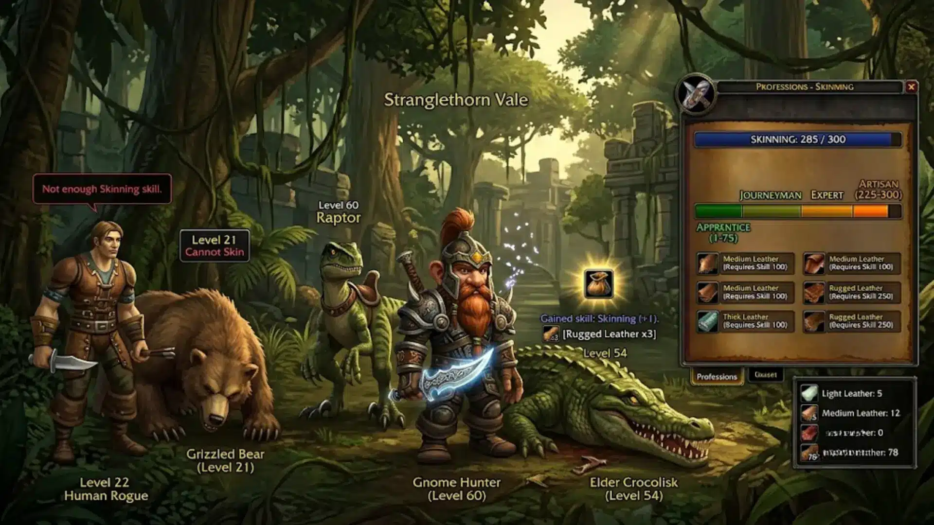 high-level skinner successfully harvesting a crocodile, while a low-level player cannot skin a bear