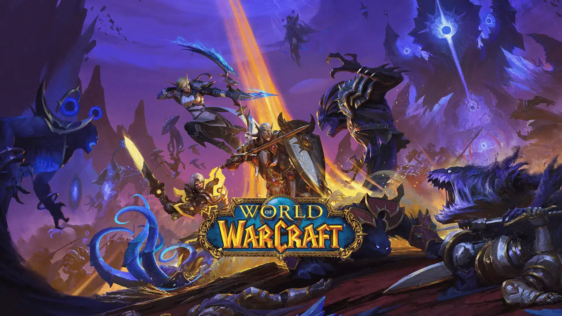 World of Warcraft characters in combat with monsters, featuring magic, swords, and a dynamic battle scene