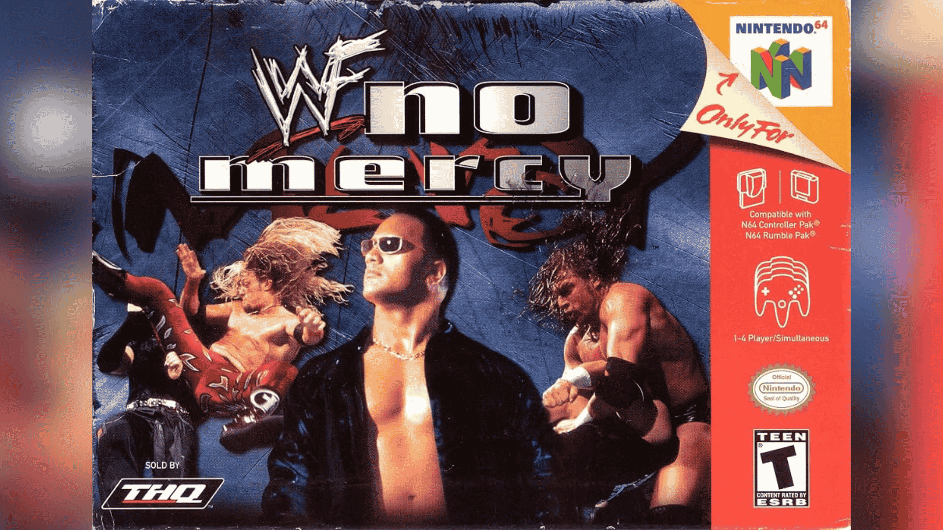 WWF No Mercy Nintendo 64 game cover featuring wrestlers, the game logo, and N64 branding.