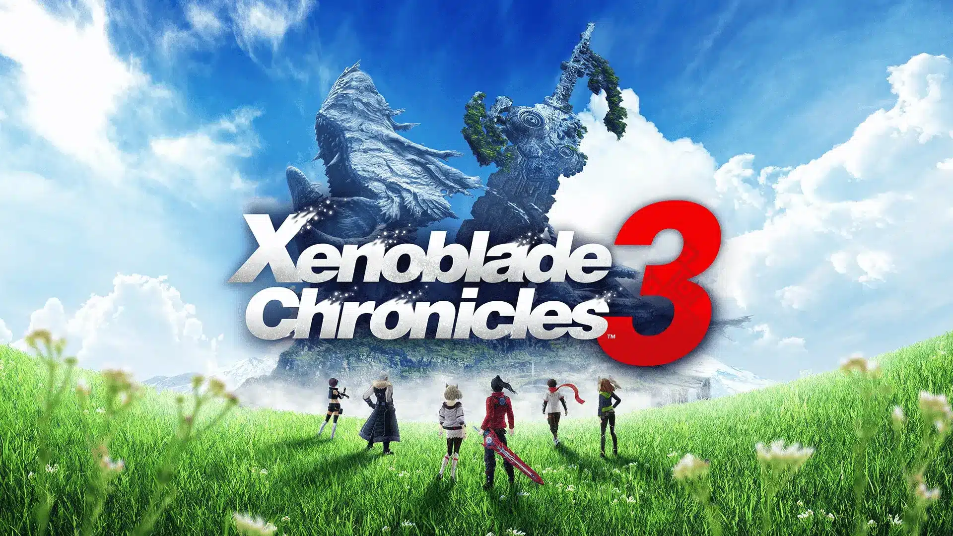 Xenoblade Chronicles 3 artwork showing characters standing in a grassy field beneath a large fantasy landscape.