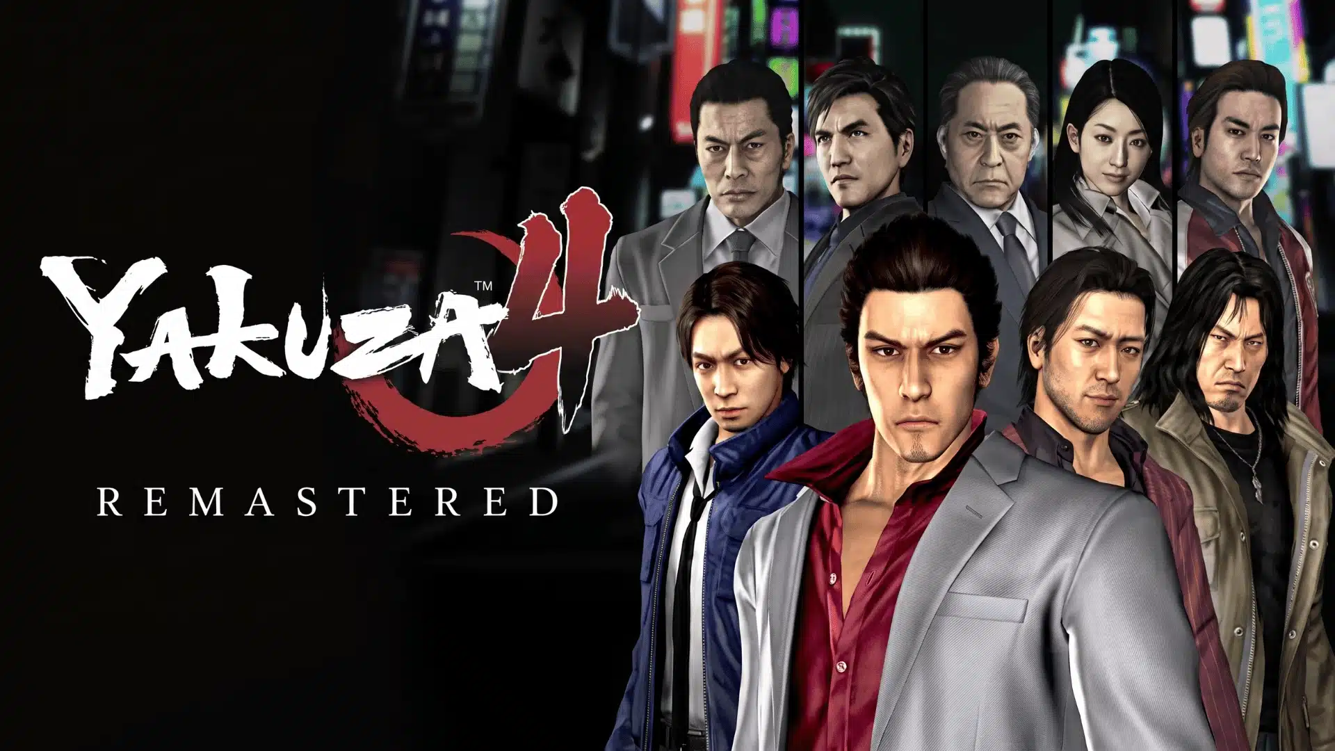 Yakuza 4 Remastered game artwork featuring multiple characters, city lights, and the Yakuza logo on a dark background