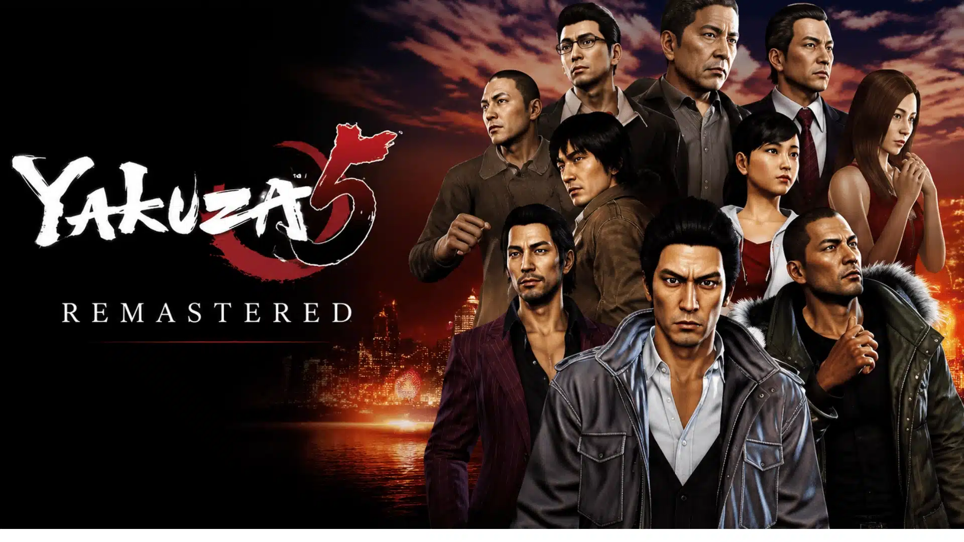 Yakuza 5 Remastered cover featuring Kazuma Kiryu and other characters against a dark city background.