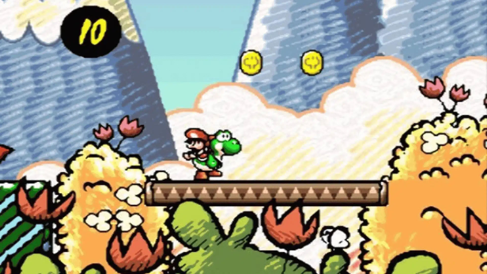 Yoshi's Island SNES crayon art style level with Baby Mario riding Yoshi