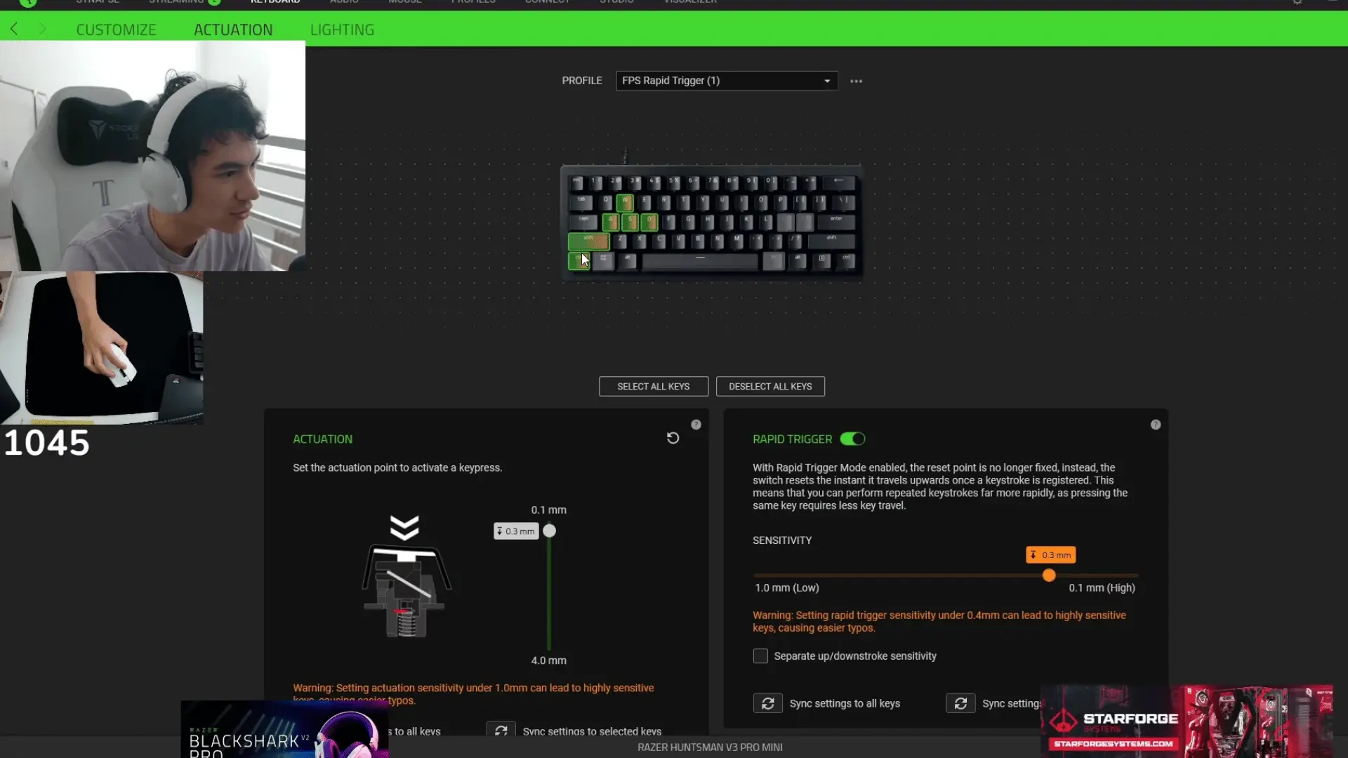 gamer adjusting Razer keyboard settings with rapid trigger and actuation controls displayed on screen