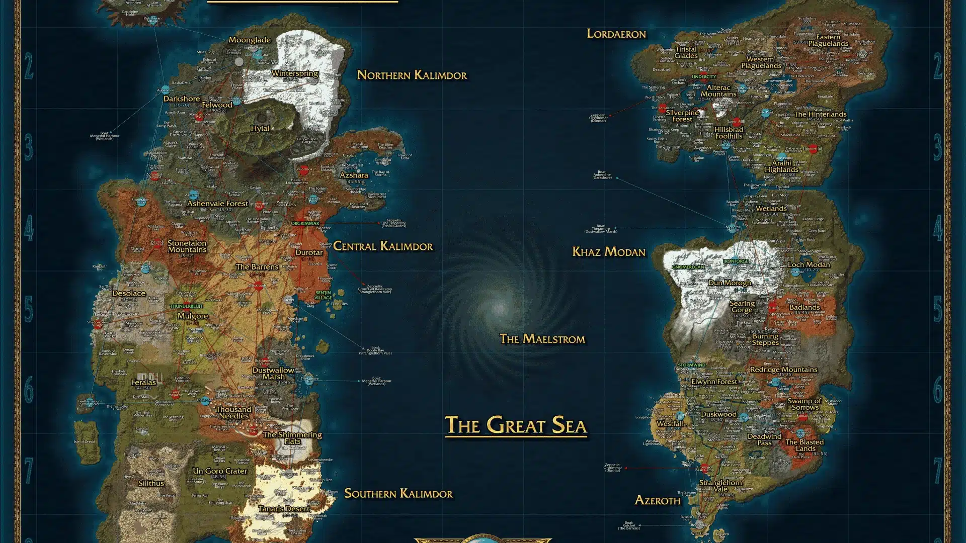 Map of Azeroth highlighting recommended WoW Classic leveling zones