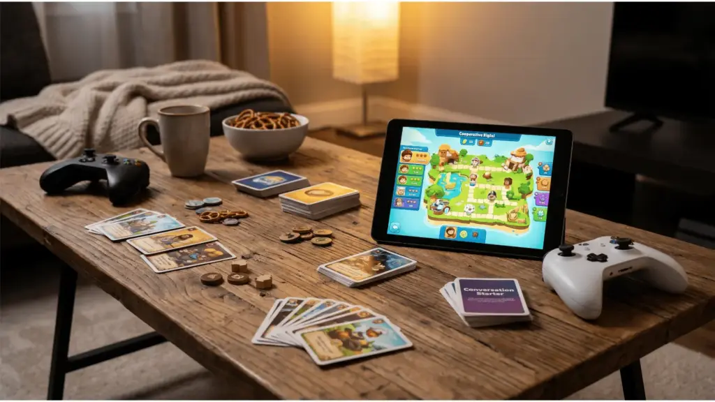 Board games, cards, and video game controllers on a coffee table