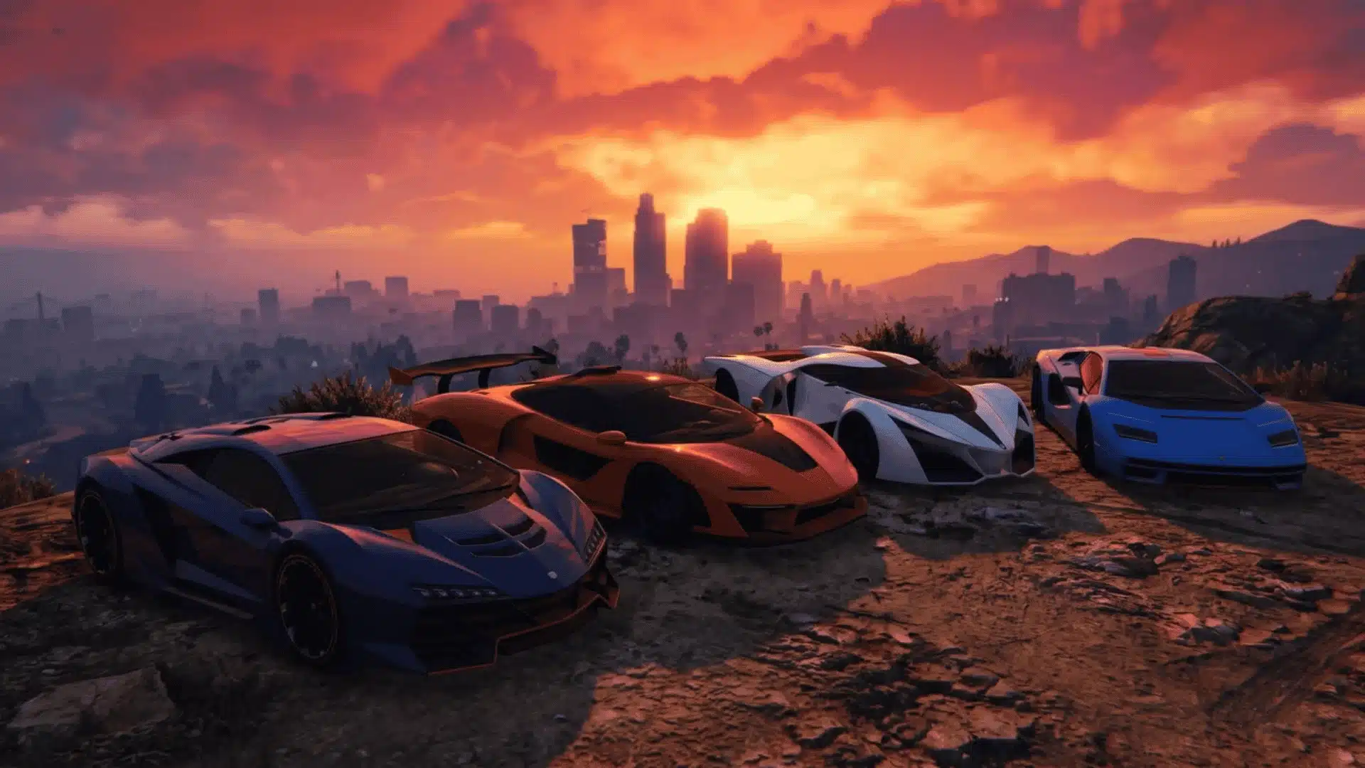 Four GTA Online supercars parked on a hilltop overlooking the city skyline during a vibrant sunset.
