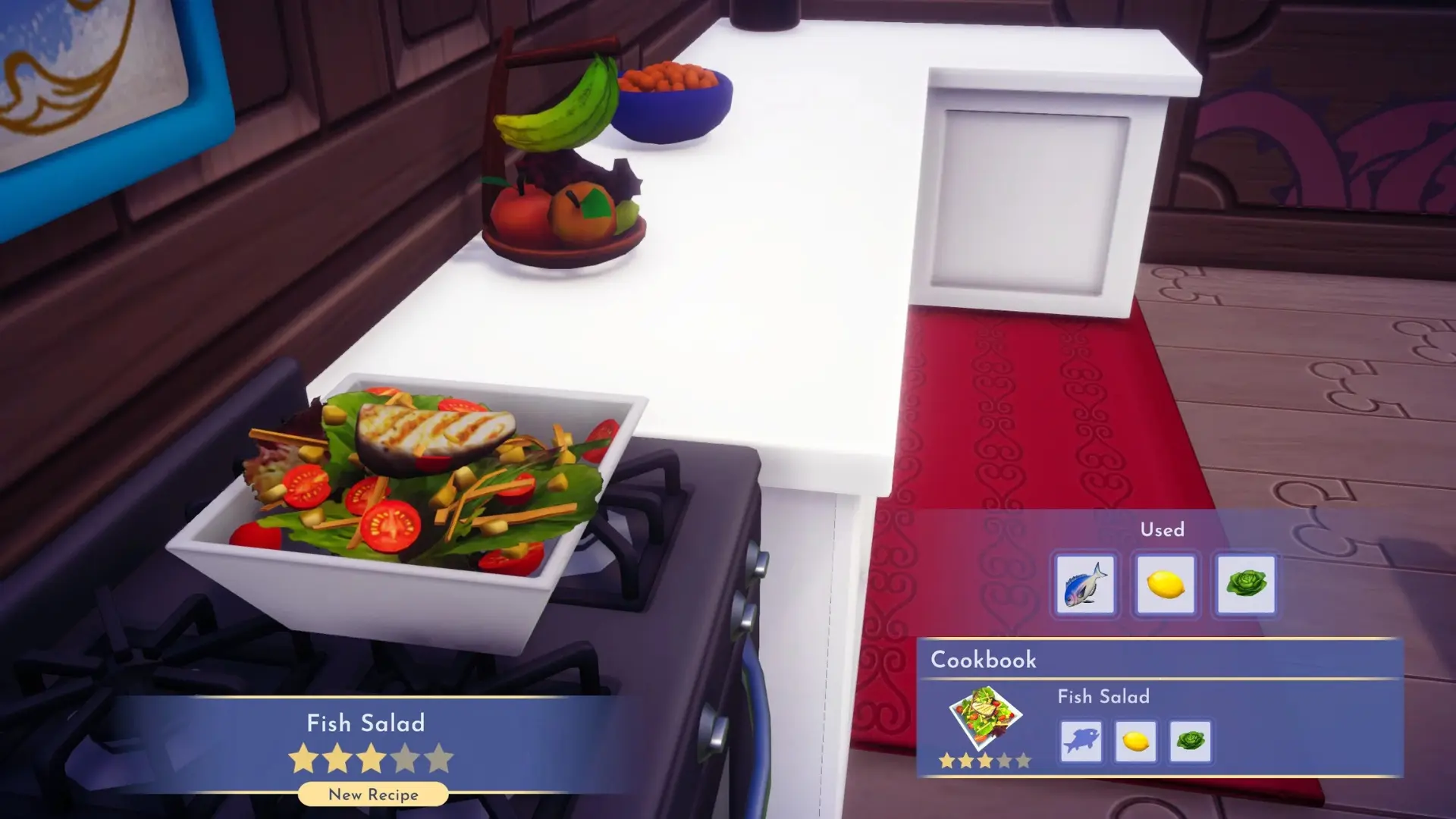 Fish salad recipe screen in Disney Dreamlight Valley showing a three-star dish made with fish, lemon, and lettuce.
