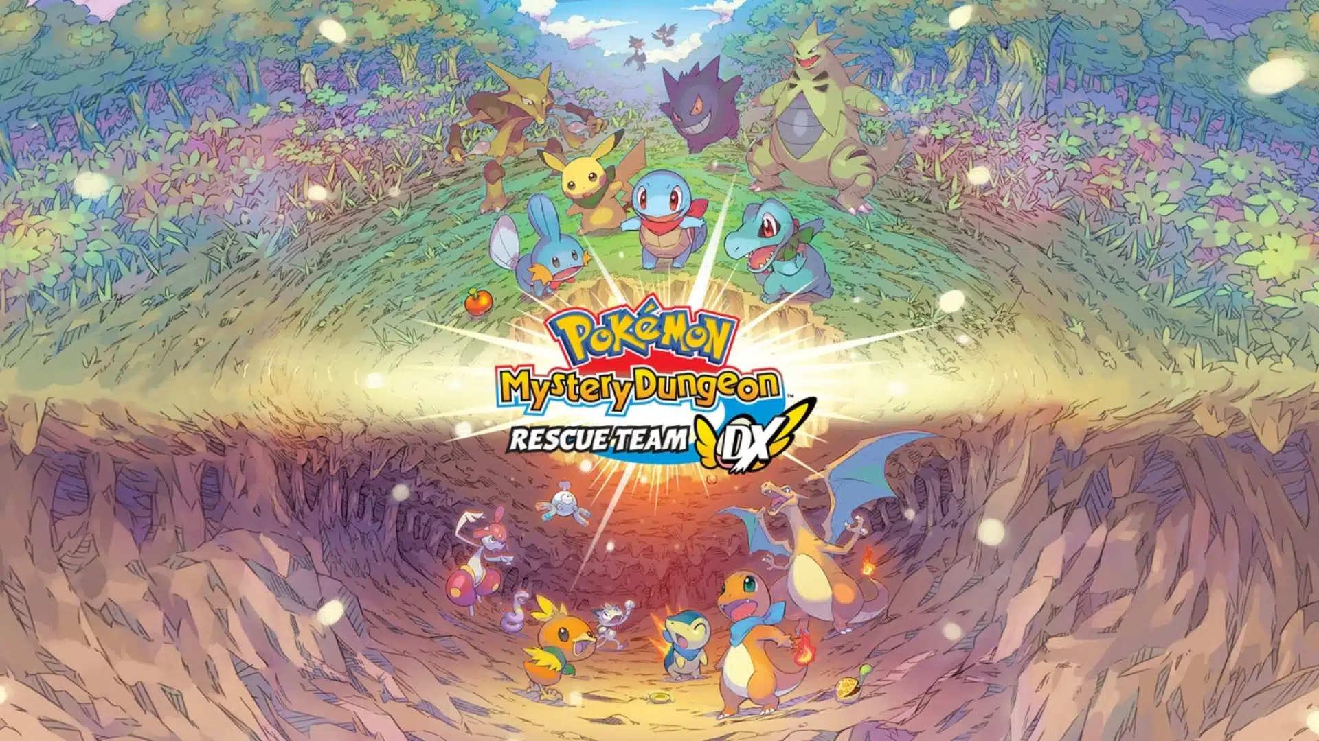 Pokemon Mystery Dungeon Rescue Team DX artwork with Pokemon gathered in forest above and cave below around game logo