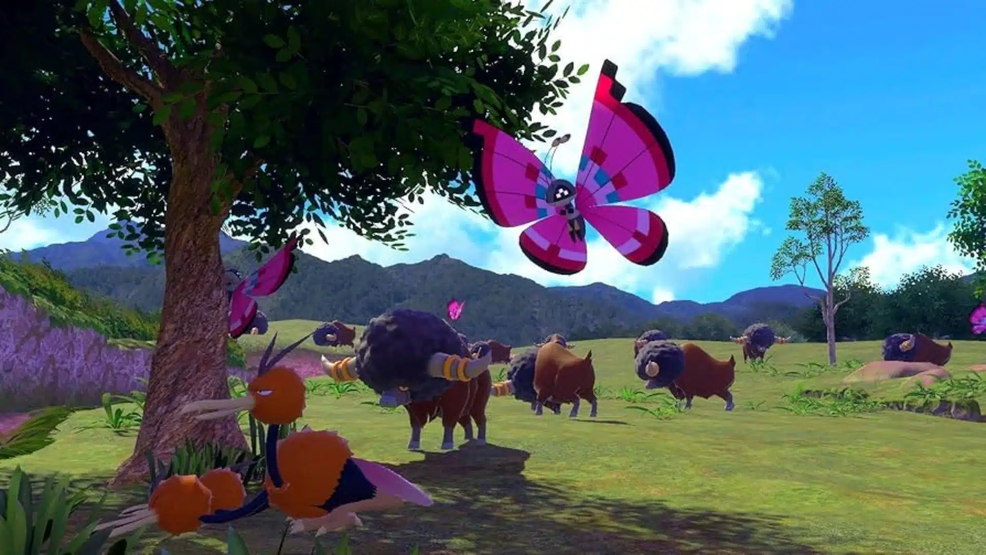 Bouffalant herd grazing in grassy field with pink Vivillon flying above near trees and mountains under blue sky