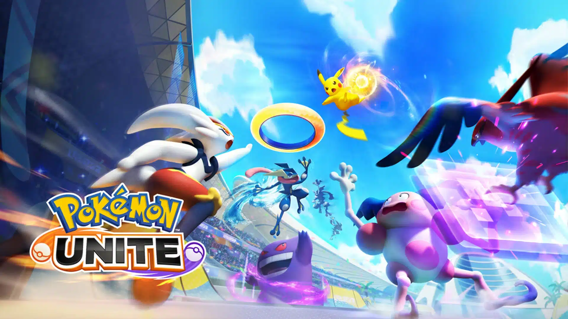 Pokémon UNITE battle scene with multiple Pokémon battling and scoring goals in a stadium arena under a bright blue sky