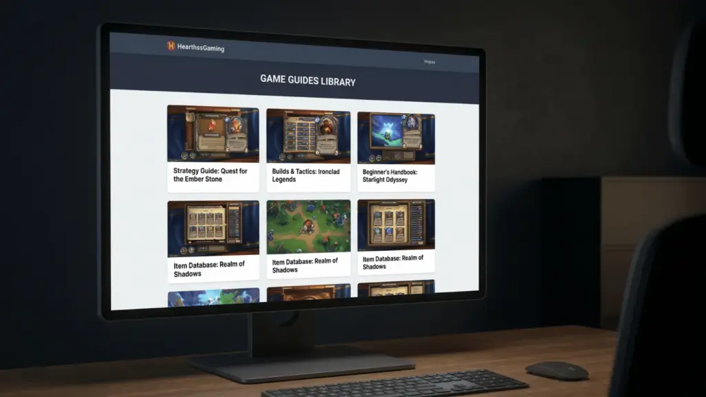 Computer monitor displaying HearthssGaming interface with multiple game guides visible